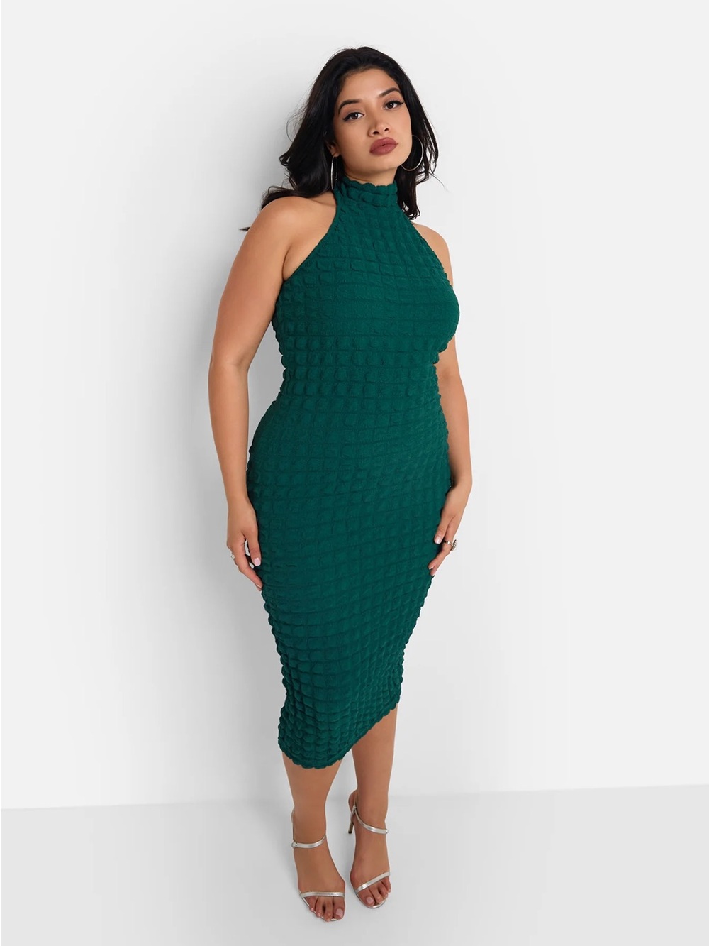 REBDOLLS Popcorn Smocking Halter Midi Bodycon Dress - Pine Green